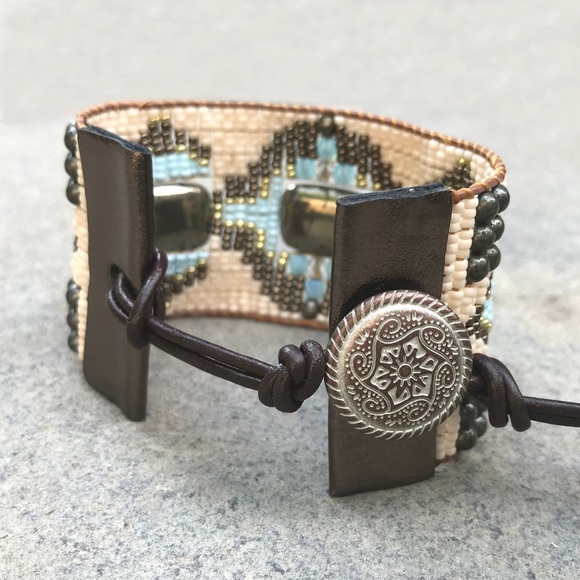 Pyrite leather loom bead boho bracelet - Picture 2 of 4